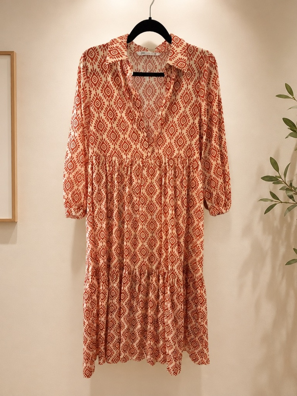 Zara Rust and Cream Geometric Print Tiered Midi Dress